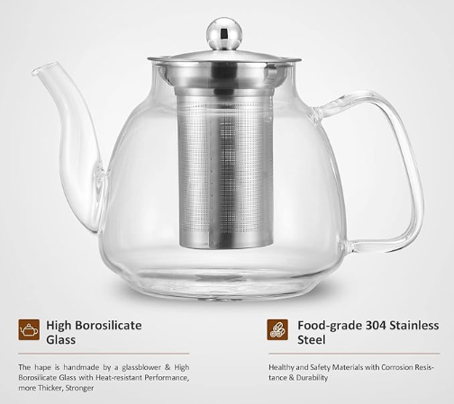 42oz/1250ml Glass Tea Kettle，Glass Teapot with Removable Stainless Steel Infuser