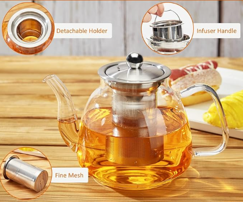 42oz/1250ml Glass Tea Kettle，Glass Teapot with Removable Stainless Steel Infuser