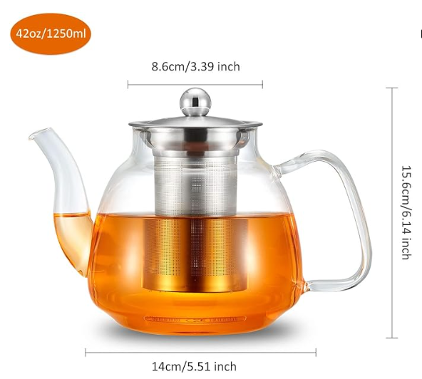 42oz/1250ml Glass Tea Kettle，Glass Teapot with Removable Stainless Steel Infuser