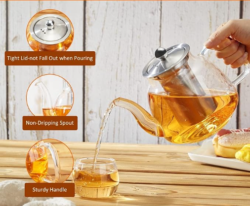 42oz/1250ml Glass Tea Kettle，Glass Teapot with Removable Stainless Steel Infuser