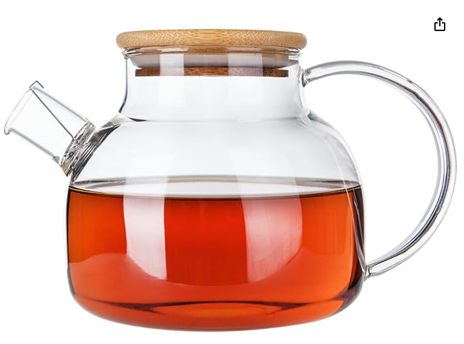 Glass Teapot with Bamboo Lid and Removable Filter Spout - 1000ml/33oz Stovetop Safe for Blooming