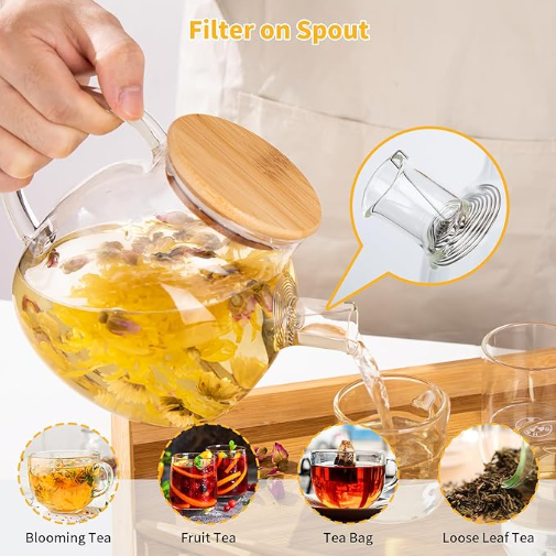 Glass Teapot with Bamboo Lid and Removable Filter Spout - 1000ml/33oz Stovetop Safe for Blooming