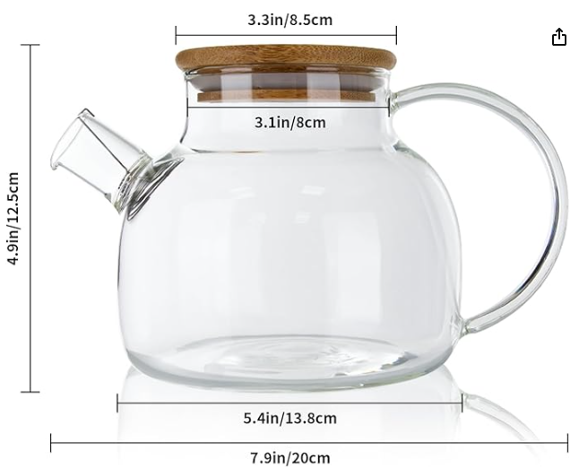 Glass Teapot with Bamboo Lid and Removable Filter Spout - 1000ml/33oz Stovetop Safe for Blooming