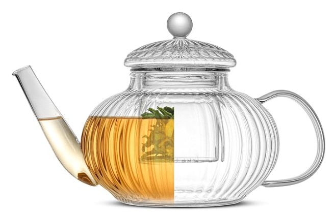 Fluted Glass Teapot Set 33.8oz, Stovetop Safe Tea Kettle, Borosilicate Clear Tea Kettle with Removable Glass Infuser