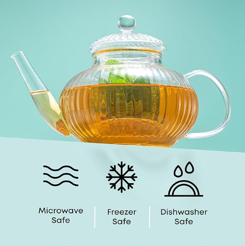 Fluted Glass Teapot Set 33.8oz, Stovetop Safe Tea Kettle, Borosilicate Clear Tea Kettle with Removable Glass Infuser