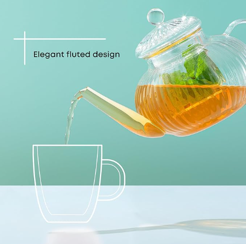 Fluted Glass Teapot Set 33.8oz, Stovetop Safe Tea Kettle, Borosilicate Clear Tea Kettle with Removable Glass Infuser