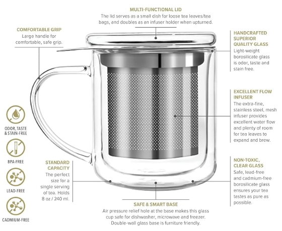 Personal Tea Maker - Insulated Heatproof Glass Cup with Loose Tea Infuser and Lid/Coaster – Tea Connoisseur's Choice – Borosilicate Glass Infusion Mug