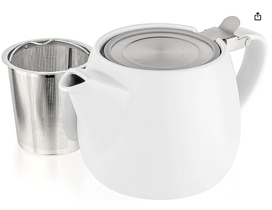 Small Teapot White - 18.2-ounce (1-2 cups) - Matte Finish - Stainless Steel Lid and Extra-Fine Infuser To Brew Loose Leaf Tea - 540ml