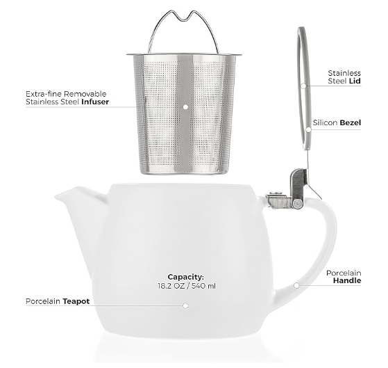 Small Teapot White - 18.2-ounce (1-2 cups) - Matte Finish - Stainless Steel Lid and Extra-Fine Infuser To Brew Loose Leaf Tea - 540ml