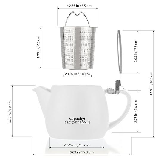 Small Teapot White - 18.2-ounce (1-2 cups) - Matte Finish - Stainless Steel Lid and Extra-Fine Infuser To Brew Loose Leaf Tea - 540ml